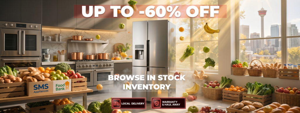 Modern kitchen showroom with stainless appliances and baskets of produce; bold 'Up to 60% Off' banner and 'Browse in Stock Inventory' text across center.