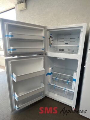 Open two-door refrigerator; left freezer with three drawers, right fridge with shelves and a crisper, all empty.