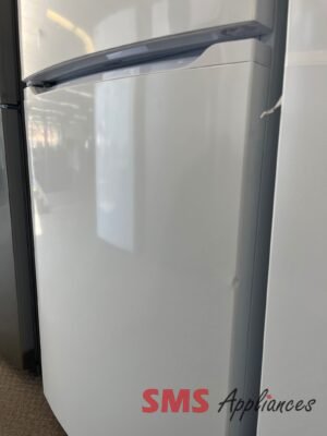 Close-up of a stainless steel refrigerator door with a curved handle; 'SMS Appliances' logo at the bottom edge.
