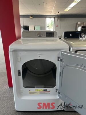 Front-loading washing machines in a showroom, one door open, with control panel on top and SMS Appliances branding on the base edge